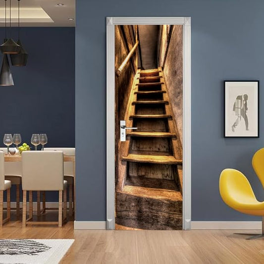 3D Peel and Stick Murals - Wooden Stairs Wallpaper - Removable PVC Waterproof Door Poster for Bedroom Living Room - 37.4 x 78.7 inch