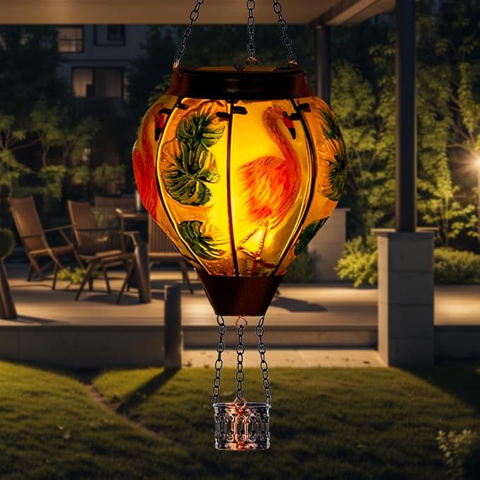Starsoul Flamingo + Hummingbird Solar Lantern Solar Hot Air Balloon Flickering Flame Hanging Garden Light Stained Glass & Metal Outdoor Lantern Waterproof Hummingbird Hanging Lantern
