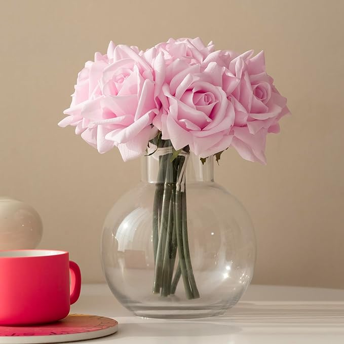 Artificial Roses Single Stem 10pcs Fake Silk Flower Arrangement Bouquet Real Touch for Home Party Wedding Decoration(Light Pink)