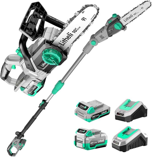 Litheli Cordless Pole Saw & Chainsaw 10-Inch, Battery Powered 20V 2.0Ah Pole Saws & 20V 4.0Ah Chainsaw for Branch, Cutting, Trimming, Electric Saws(Battery & Charger Included)