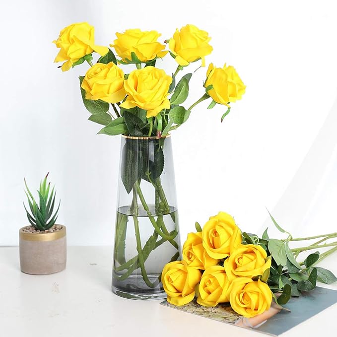 Hawesome 12PCS Artificial Silk Flowers Realistic Roses Bouquet Long Stem for Home Wedding Decoration Party (Yellow 1)