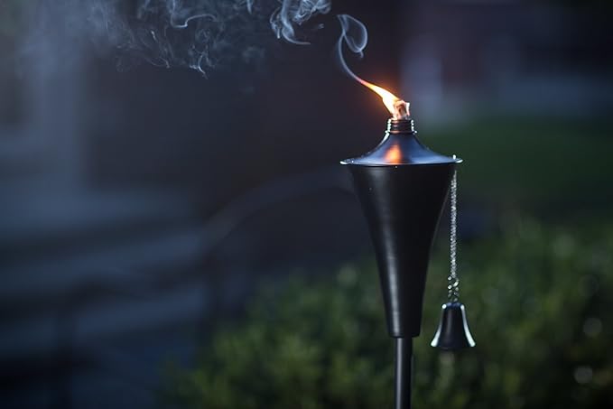 Set of 4, Oahu Premium Metal Patio Torches, 53" Tall- Tiki Style/w Snuffer, Fiberglass Wick & Large 16oz Oil Lamp for Deck, Patio, Lawn, Garden, Luau (Smooth Black)