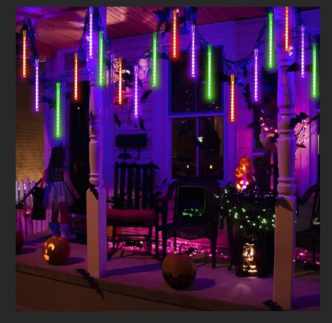 Outdoor Halloween Lights, 2-Pack Meteor Shower Lights Outdoor Waterproof, Total 432 LED 18 Tubes Snow Cascading String Lights Plug in for Party Garden Halloween Decorations (Orange Purple and Green)