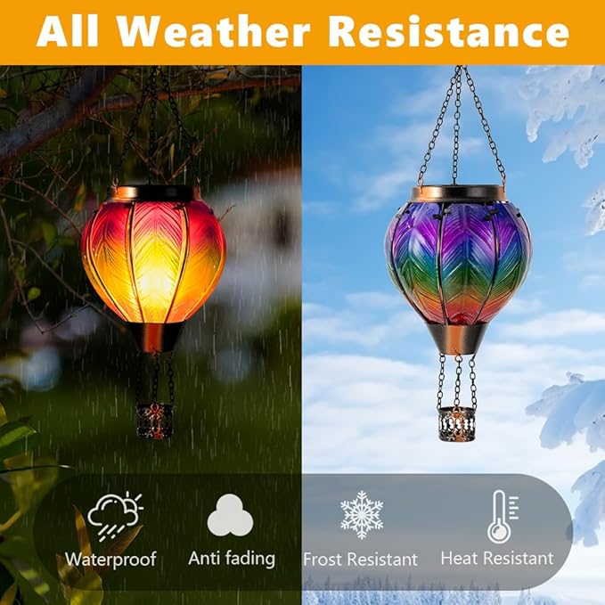 DREAMSOUL Hot Air Balloon Solar Lantern, Glass Outdoor Lantern Hanging Solar Lanterns Outdoor Waterproof for Patio Porch Garden Decor