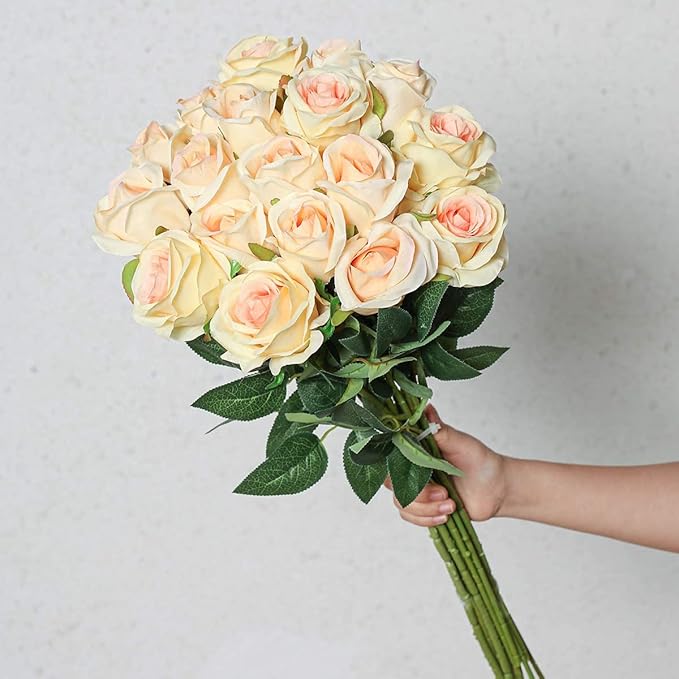 Hawesome FLORRALIA 12PCS Artificial Silk Flowers Realistic Roses Bouquet Long Stem for Home Wedding Decoration Party (Champagne 1)