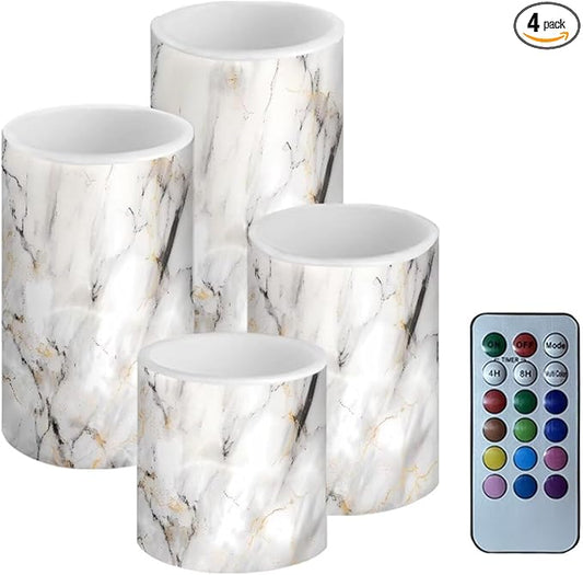 Flameless LED Battery Candles 4 PCS Pillar Candles with 18-Key Timer Remote Control Colorful Lights for Table Centerpiece Home Indoor Wedding Decoration, White Grey Marble