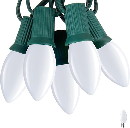 C7 Pure White LED Christmas Lights, 50Ft Vintage String Lights with 50+2 Plastic Bulbs, E12 Candelabra Base, Outdoor Retro Style Hanging Lights for X-mas Patio Fence Roofline Holiday