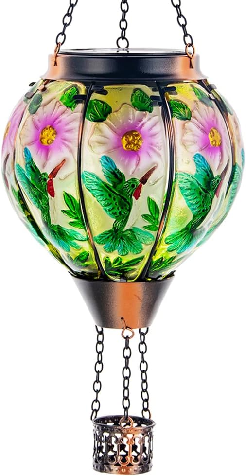 DREAMSOUL Hummingbird Hot Air Balloon Solar Lantern, Hanging Solar Lanterns Outdoor with Flickering Flame Light, Metal & Glass Solar Lanterns Outdoor Waterproof for Patio Yard Decor