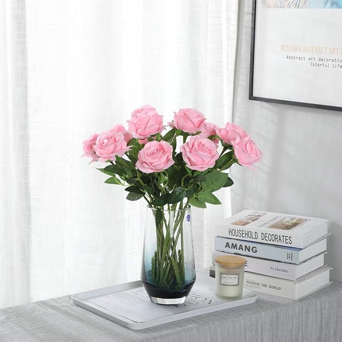 Pink Fake Roses Artificial Flowers - 10 Pcs Fake Artificial Roses Silk Flowers with Stems for Home Wedding Hotel Office Centerpiece Decor