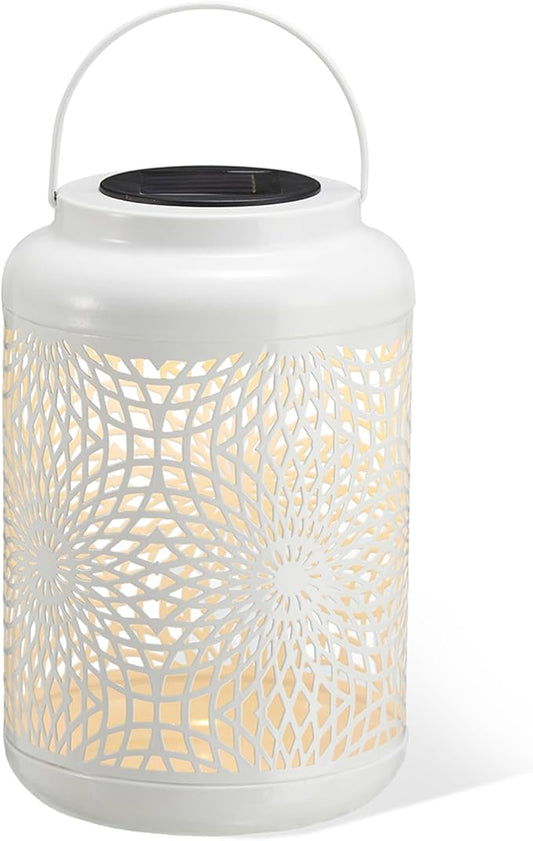 Glitzhome Solar Lantern White Metal Cutout Scrollwork Outdoor Hanging Solar Light with Handle for Garden Patio Yard Outdoor Decor