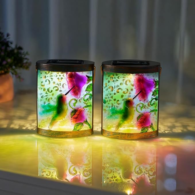 2 Pack Hummingbird Hanging Solar Lanterns Outdoor Waterproof, Tabletop Lamp Glass Solar Lantern for Patio Garden