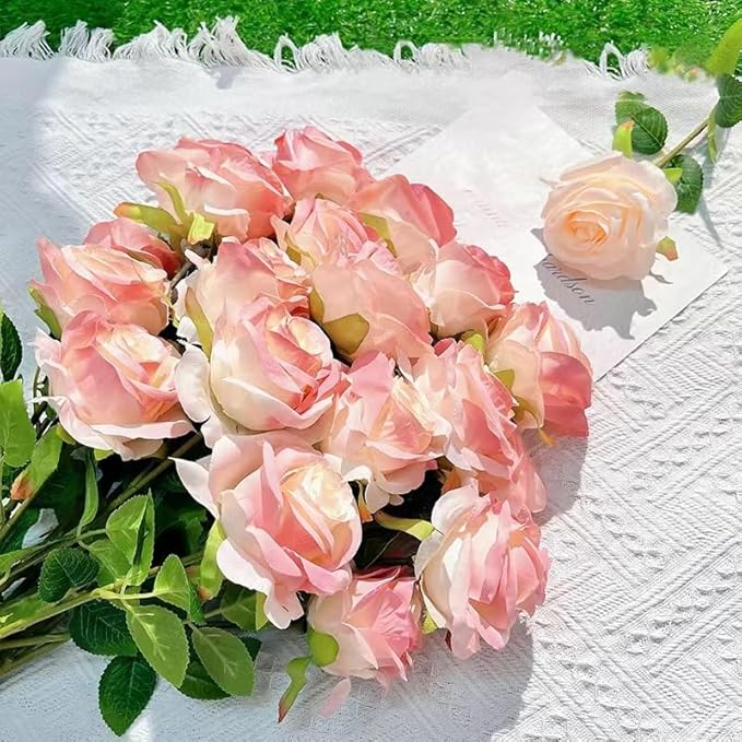 Rose Pink Artificial Roses Fake Flowers Not Bend The Peduncle with Stems for DIY Wedding Bouquets Bridal Shower Centerpieces Arrangements Tables Decorations 24pcs