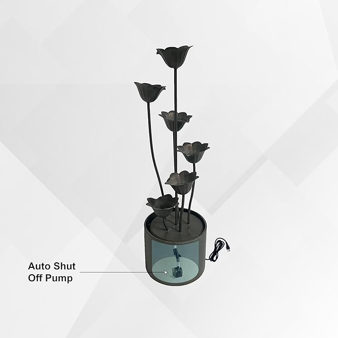 XBrand Sculptural Freestanding Metal Multi-Tiered Water Fountain w/Flowers, No LED Lights, Silver, 35" Tall