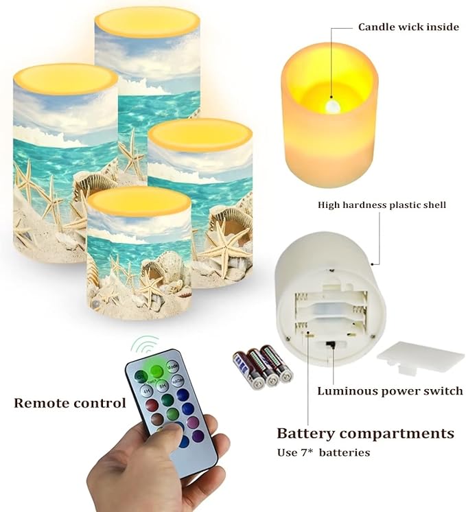 LED Flickering Candles Battery Operated Candles Set of 4 with Remote Control Timer Dancing Flame Pillar Candles Home Table Coastal Decoration, Beach Sky with Starfish