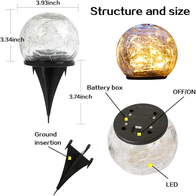 TOMEX 4 Pack Solar Garden Lights, Cracked Glass Ball Waterproof Warm White LED for Outdoor Decor Decorations Pathway Patio Yard Lawn, 4 Pack (4.7")