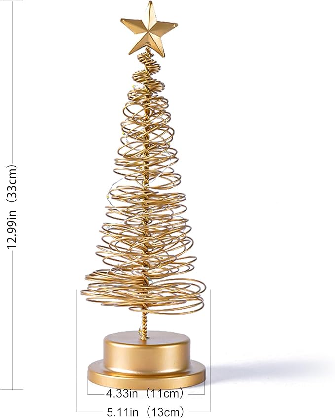 Christmas Tree Lamp, Spiral Christmas Tree with Glittering Star, AA Battery Operated Gold Christmas Tree Light with Metal Stand for Christmas Table Decoration（Batteries not Included）