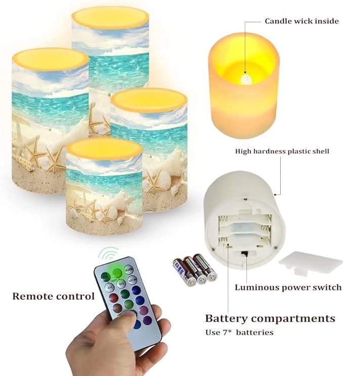 Beach Starfish Seashell Flameless Light Candles Battery Powered with Timer Remote Color Chaging Pillar Candle with Warm Yellow Color Changing Light Pack of 4