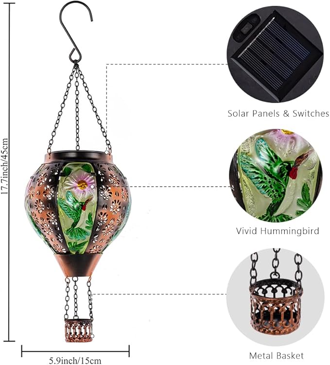 DREAMSOUL Hummingbird Hot Air Balloon Solar Lantern, Metal & Glass Flickering Flame Light Solar Lantern, Hanging Waterproof Solar Lanterns Outdoor for Garden Patio Tree Decoration Christmas Gifts
