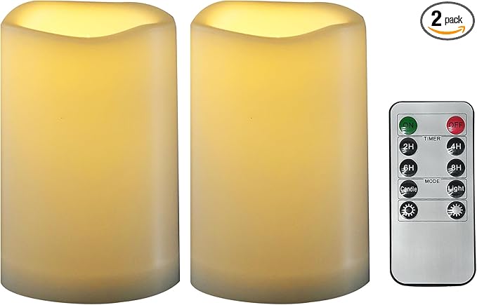 CANDLE CHOICE Waterproof Outdoor Battery Operated Flameless Candles with Remote Timer Plastic Flickering Fake Electric LED Pillars for Lantern Garden Wedding Christmas Decorations 3x5 Inches 2 PCS