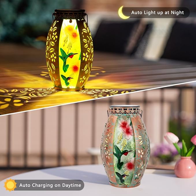 Hummingbird Solar Lanterns Outdoor Waterproof,Stained Glass & Metal Solar Lantern,Hanging Solar Lantern with Hollowed-Out Design,Hummingbird Tabletop Lamp Solar Lights for Yard Garden Patio