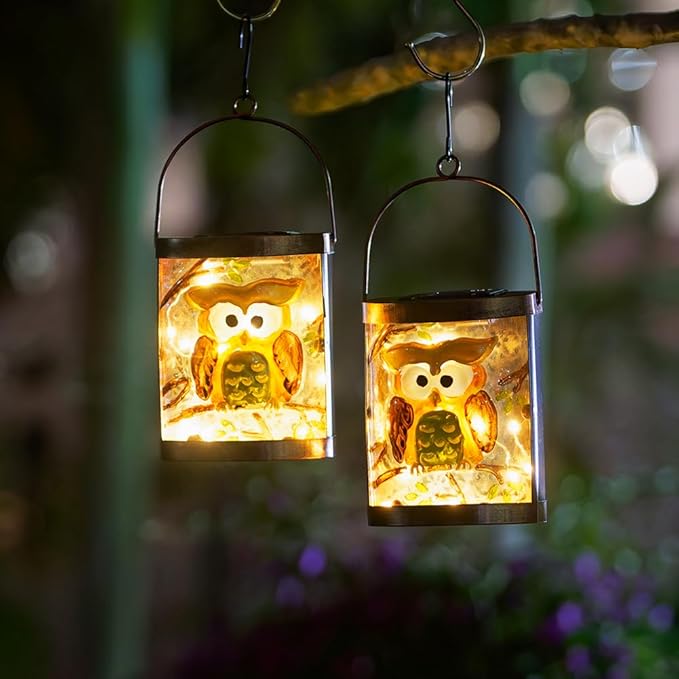 2 Pack Owl Solar Lanterns Outdoor Waterproof, Hanging Glass Solar Lantern with LED Light for Garden Yard