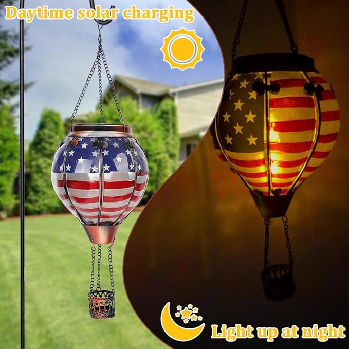 2PCS Solar Hot Air Balloon Lanterns with Flame with Shepherd's Hooks, Glass Hanging Flickering Lights Outdoor Waterproof for Garden Tree Yard Patio Mother's Day Gift, 18" H Flag