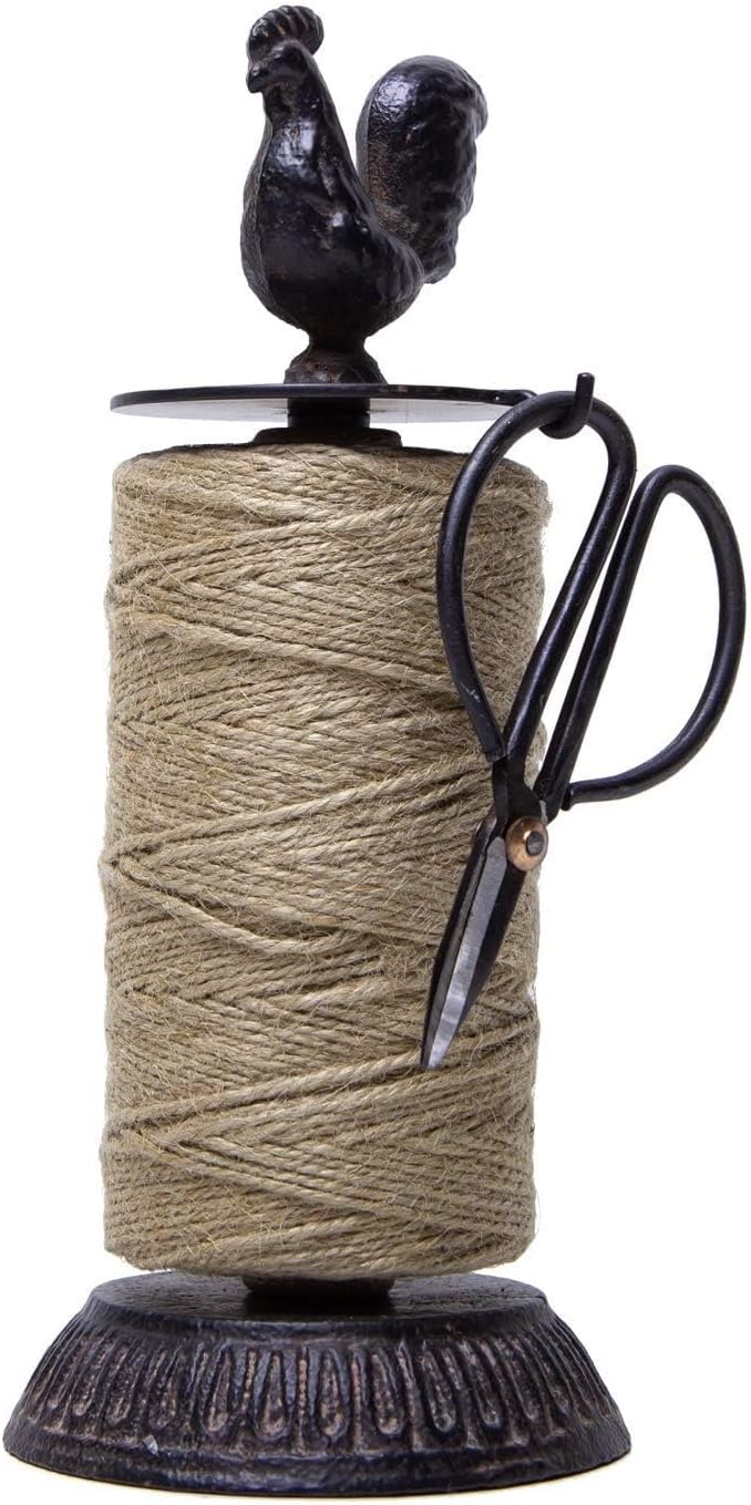 SOFFEE DESIGN Vintage Jute Twine Spool and Scissors Holder for Garden Farmhouse Kitchen Antique Twine and Scissors Set Black Rooster
