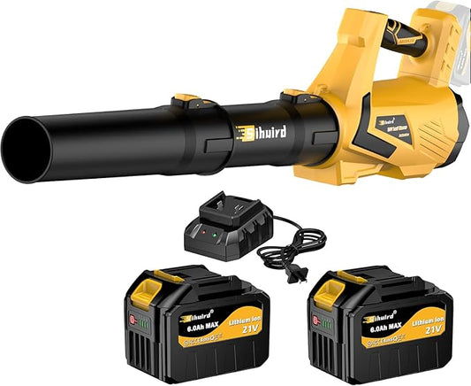 Leaf Blower Cordless,720CFM 210MPH Electric Blower with 2 x 21V 6.0Ah Battery and Charger, 5-Variable Speed & Turbo Mode, Blowers for Lawn Care (E 5003) (Black Yellow)