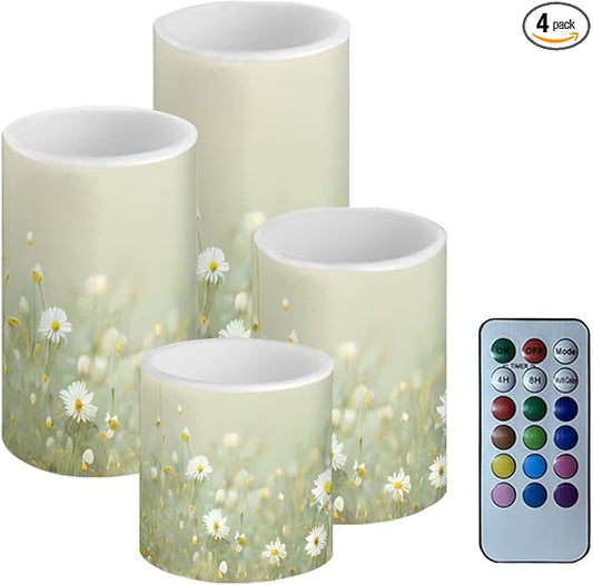 Flameless Candles Battery Powered LED Pillar Candles Tealights with Remote Timer Color Changing Control for Indoor Outdoor Home Tabletop Decoration Set of 4, Daisy Floral Green