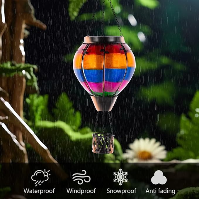 Unique Hot Air Balloon Solar Lantern with Flickering Flame, Handmade Glass Hanging Outdoor Lantern Waterproof Lantern Lamp for Patio, Garden, Porch
