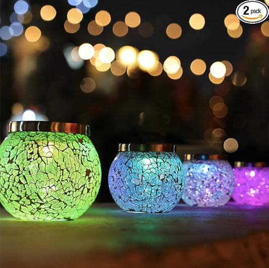 Cooo Heavy Solar Mosaic Crackle Glass Light with Dual Solar Panels, Color-Changing RGB Light, Exclusive Dazzling Glass, Waterproof Outdoor Tabletop Garden Light Landscape Path Light 2 Pack