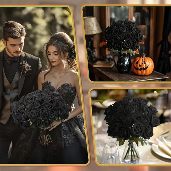 30 PCS Fake Black Roses, Artificial Flowers Bulk Halloween Decorations Realistic Silk Faux Roses with Stems for Gothic Wedding Party Decor, Bridal Bouquets DIY Floral Arrangement Home Decor