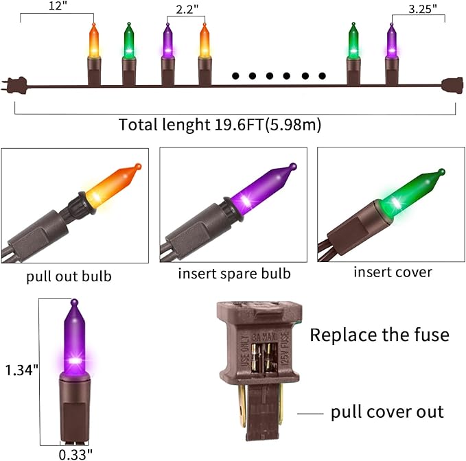 Ultra-Bright Connects End to End Orange Purple and Green Christmas Mini Lights 100L 19.6Ft UL Listed Incandescent Bulb String Light Set for Indoor Outdoor Halloween Home Garden Tree Decor