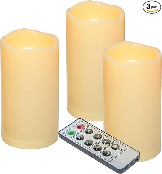 iZAN 3-Pack Outdoor Flameless LED Battery Operated Candles with Remote Waterproof Flickering Electric Pillar Candles for Halloween Chirstmas Home Wedding Party Festival Décor Long Battery Life 3”x6”