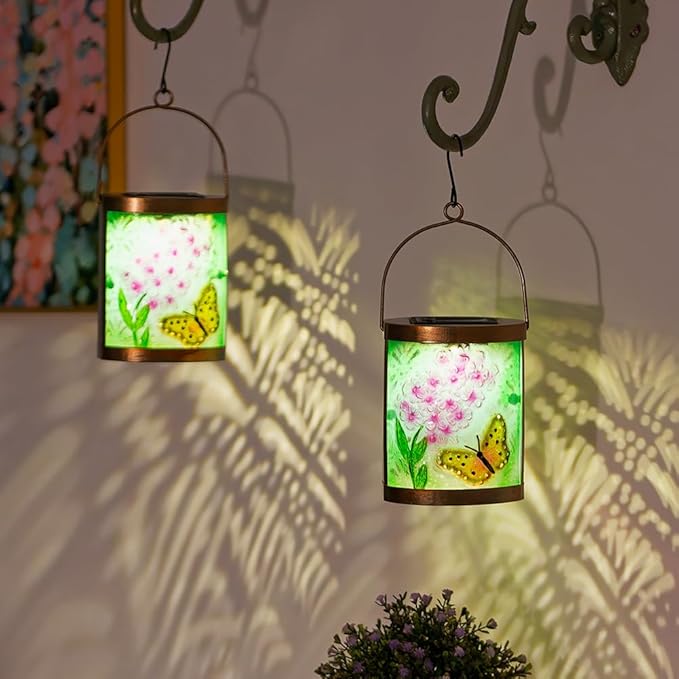 Starsoul 2 Pack Hanging Solar Lantern Outdoor Waterproof Glass Butterfly and Flowers Decorative Solar Lights for Outside Garden Yard Table Patio Decor
