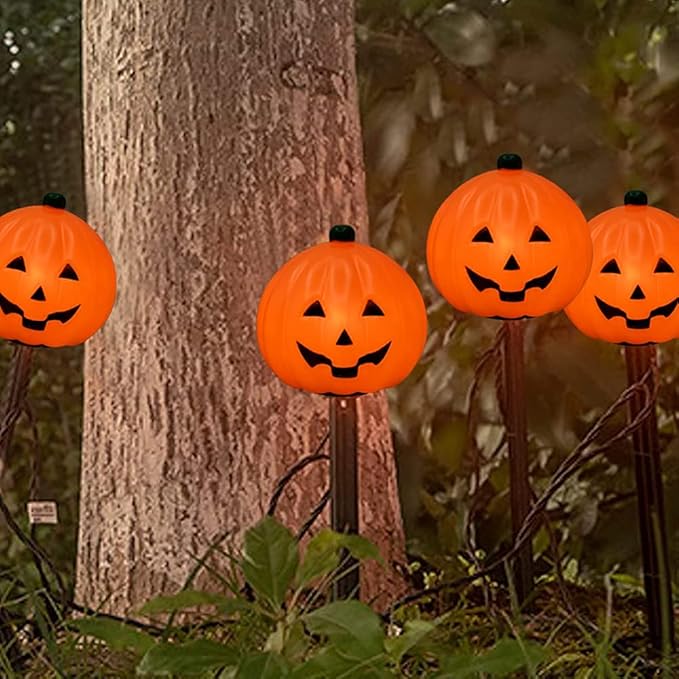 Halloween Pumpkin Pathway Markers Lights Outdoor, 7Ft Connectable C7 Halloween Decorations Pathway String Lights with 4 Pumpkin Stakes Lights for Outdoor Garden Walkway Yard Driveway Lawn Party Decor