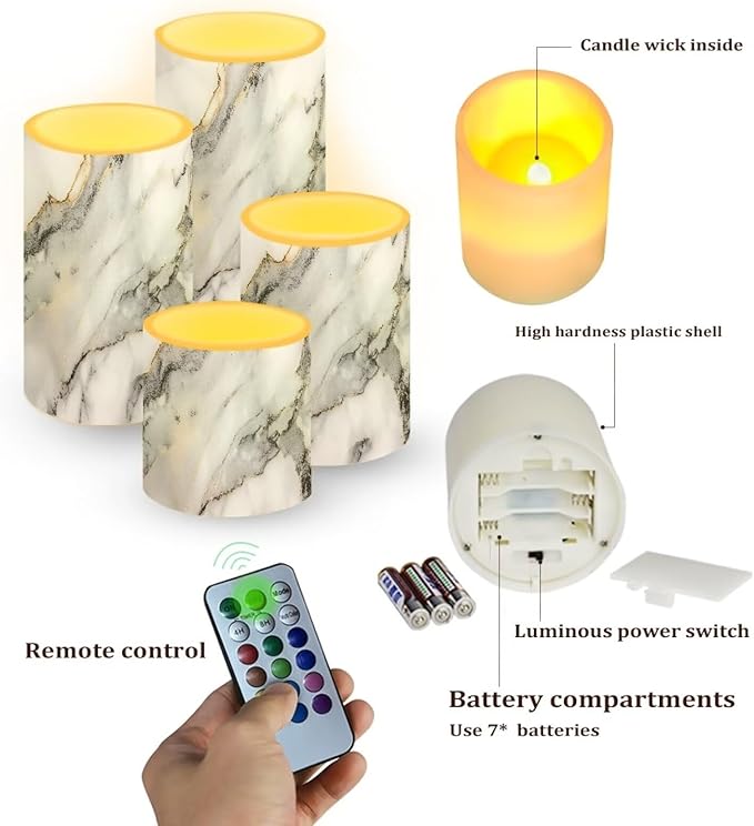 Flameless LED Candles Electric Candles with Remote Timer Control Color Changing Long Lasting Pillar Candles Tealights for Home Indoor Outdoor Decoration Pack of 4, Grey White Marble