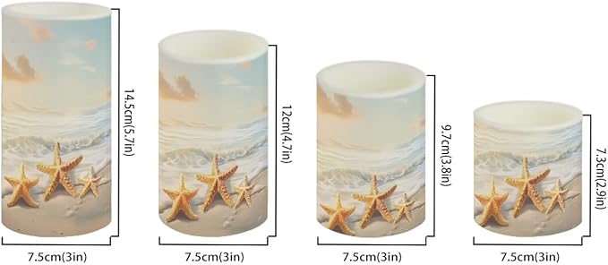Flameless LED Candle Electric Pillar Candle with Remote Timer Color Changing Control Long Lasting Pack of 4 for Tabletop Coastal Home Indoor Decoration, Beach Gold Starfish