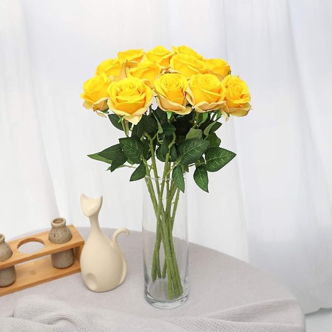 Yellow Fake Roses Artificial Flowers - 10 Pcs Fake Artificial Roses Silk Flowers with Stems for Home Wedding Hotel Office Centerpiece Decor
