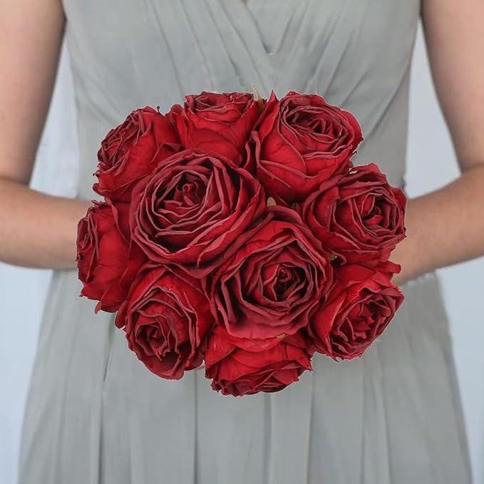 IPOPU Red Silk Roses 25pcs Flower Heads Bulk Artificial for Decoration Fake Dried Floral Bouquet for Wedding Bride Wall Flowers Decorations