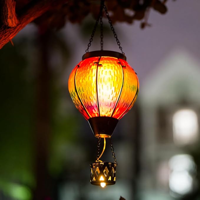 DREAMSOUL Hot Air Balloon Solar Lantern with Candle Holder, Glass Hanging Solar Lantern with Flickering Flame, Solar Lanterns Outdoor Waterproof for Lawn, Patio, Porch, Tree Decor