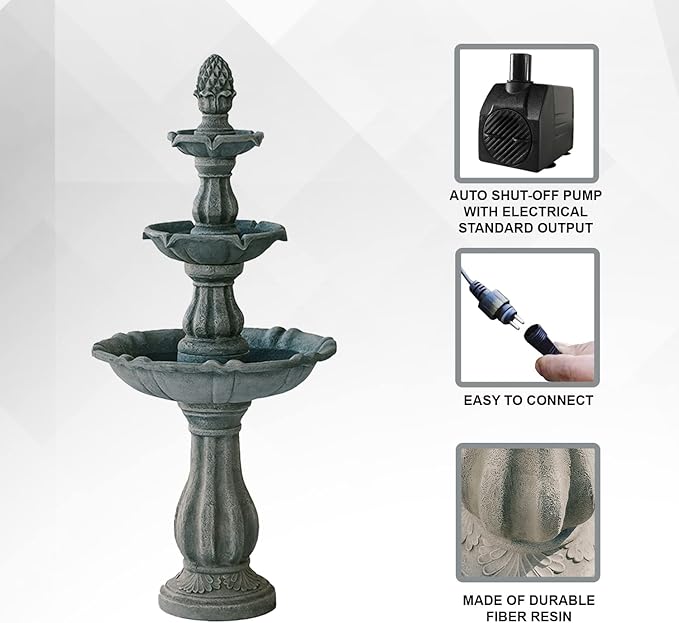 XBrand 3-Tier Freestanding Waterfall Fountain w/Pump & Pineapple Top, 51 Inch Tall, Grey, Large Outdoor Garden Fountain, Ideal for Garden, Porch, and Lawn