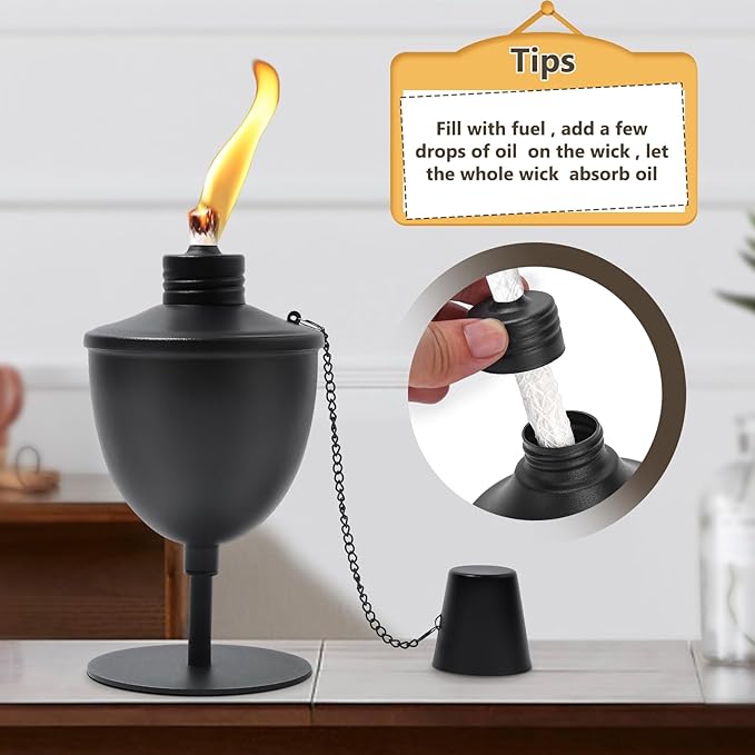 6 Pack Upgraded Tabletop Torches,14 oz Citronella Torches for Outside, Refillable Outdoor Flame Torch Light, Comes with Wicks,Covers and Funnel, Ideal for Parties, Garden Decor, DIY