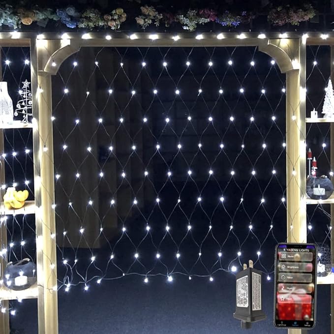 YASENN Bluetooth APP Controlled Net Lights 300 LED Mesh Light 12x5ft Fairy String Lights for Garden Patio Fence Bushes Shrub pergola Christmas Decorations(Cool White)