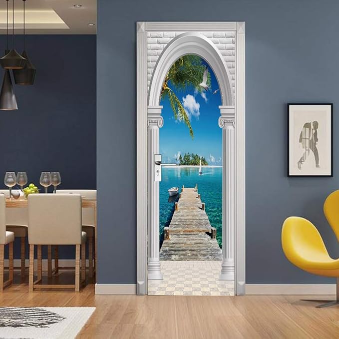 3D Door Stickers Murals - Landscape - Peel and Stick - Waterproof & Washable - Matt Finish - 35.4" x 78.7" - White - Door & Wall - Tropical - Adult