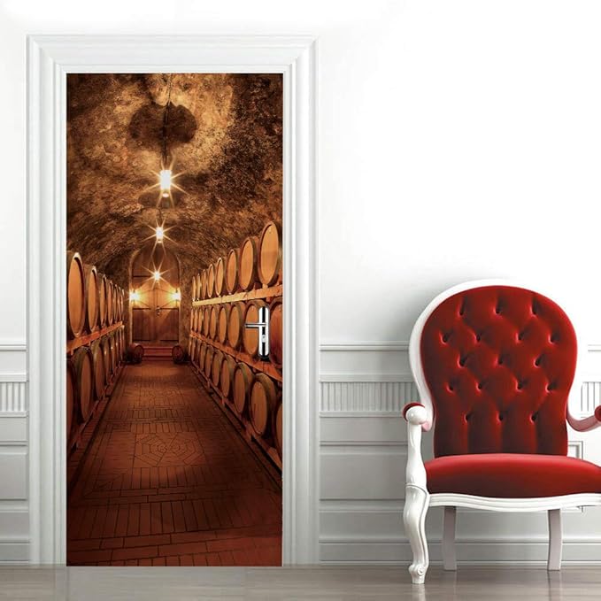 3D Peel and Stick Murals - Wine Cellar Theme - Removable PVC Waterproof Door Poster, 37.4" x 82.7" for Bedroom and Living Room