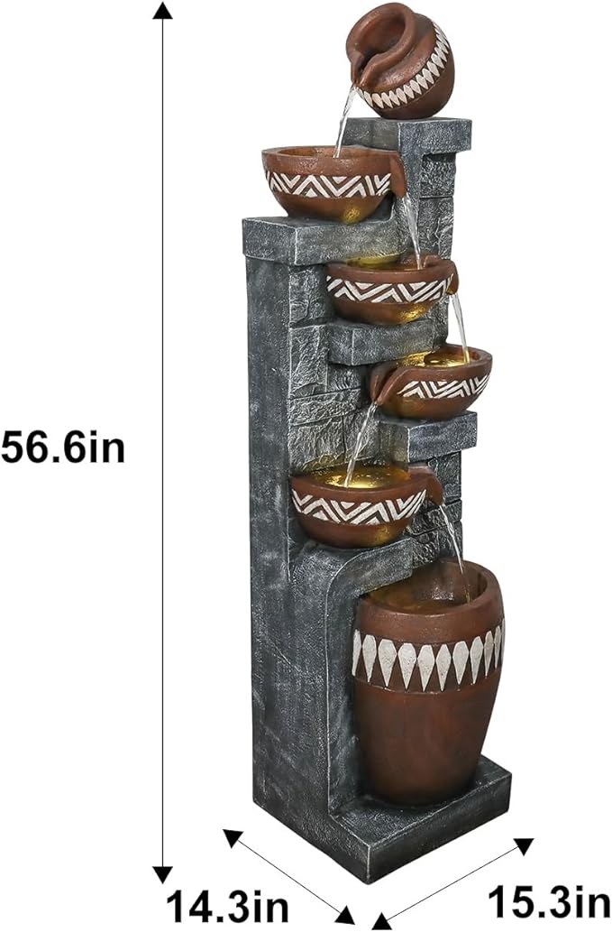 56.6in High Outdoor Indoor Water Fountain, 6-Tiered Poly-Resin Waterfall Fountain with LED Lights, Decorative Floor Standing Fountain for Garden, Patio, Yard, Home Decor