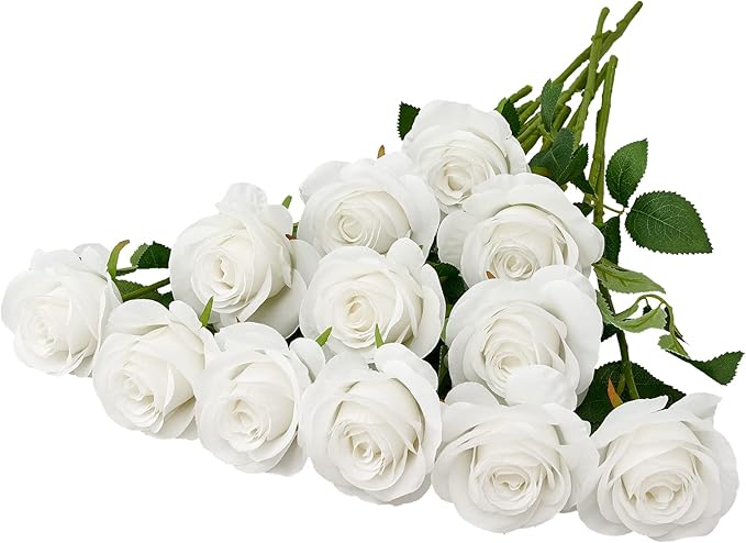 12pcs Roses Artificial Flowers Fake Roses White Silk Roses Flowers Rose with Long Stems for Wedding Home Party Centerpieces Decorations