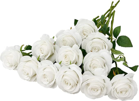 12pcs Roses Artificial Flowers Fake Roses White Silk Roses Flowers Rose with Long Stems for Wedding Home Party Centerpieces Decorations