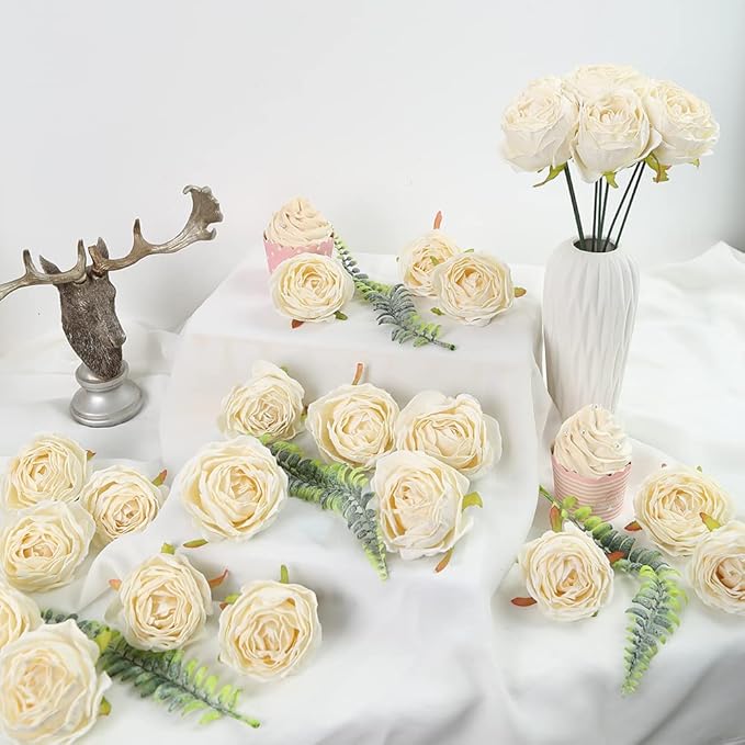 IPOPU White Roses Artificial Flowers Bulk 25pcs White Silk Rose Heads Bulk White Fake Roses Flowers for Decorations for Artificial Bouquet Wedding Silk Flowers for Home Decor Indoor (Off White)